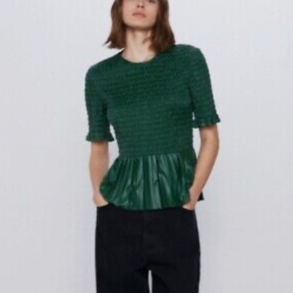 ZARA Faux Leather Peplum Smocked Bodice Top NEW - Picture 5 of 11